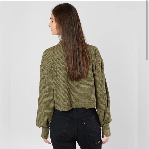 Free People Waffle Knit Cropped Top Women Small Green Oversized Lagenlook Boho - Picture 12 of 12